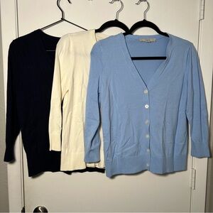 Loft M 3/4th sleeve V-Neck Button Down Cardigan Bundle - Navy, Crème, Light Blue